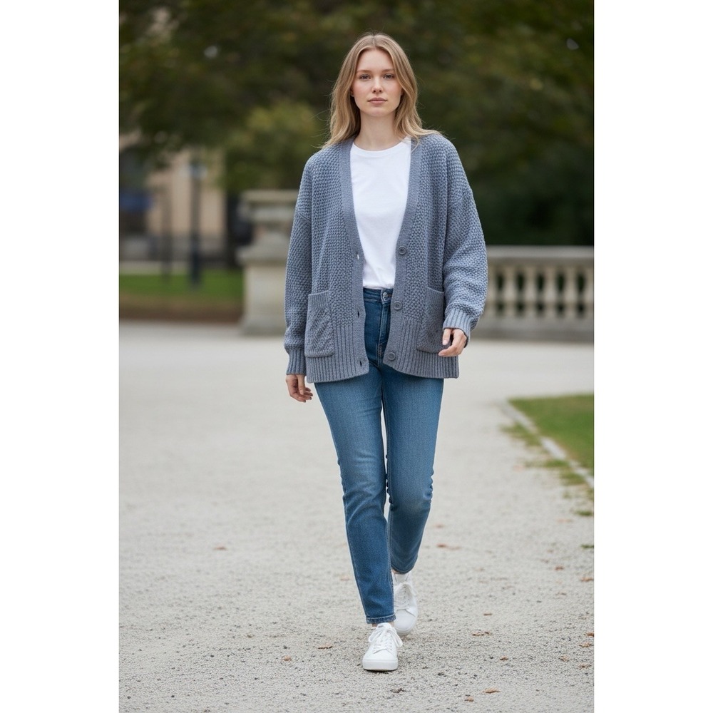 LC Lauren Conrad Seed Stitch Cardigan Sweater Sea Smoke Blue Gray Large NWT